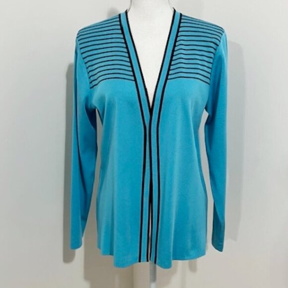 Exclusively Misook Open Front Cardigan Black Blue Striped Acrylic Size S - Picture 5 of 5
